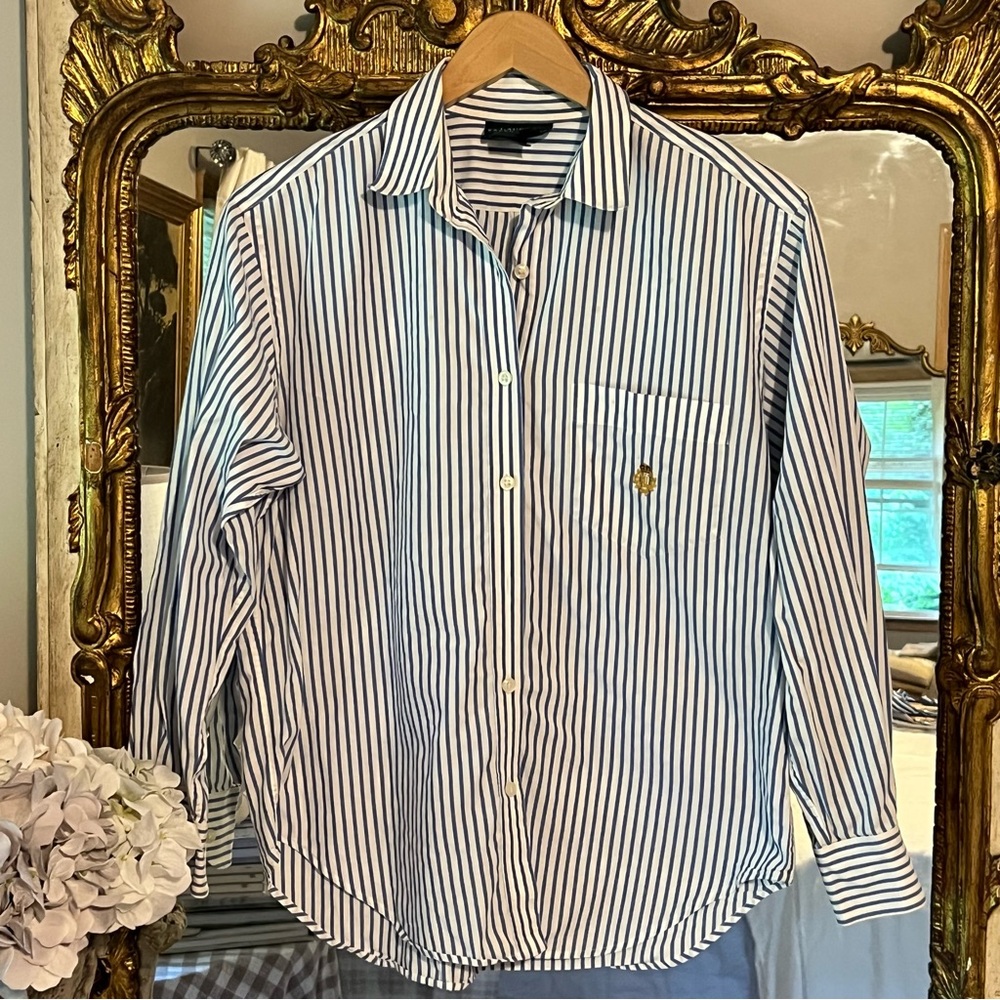 Lauren Ralph Lauren White and Blue Striped Button-Down Shirt
